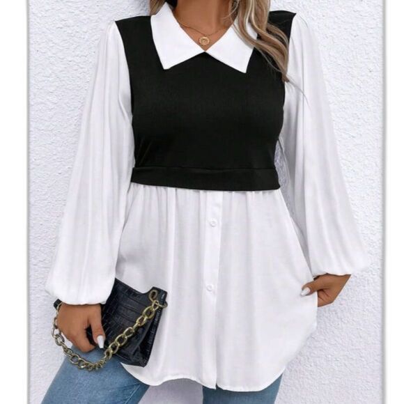 Tops - Women's Plus Two-Tone Lantern Sleeves Blouse Size 3XL NWOT